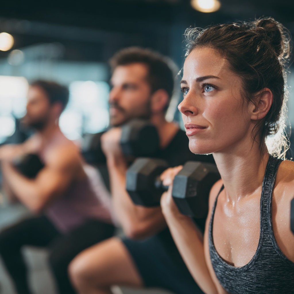 Sильні українці різного віку посміхаються після тренування у сучасному фітнес-залі, відчувають задоволення від досягнень