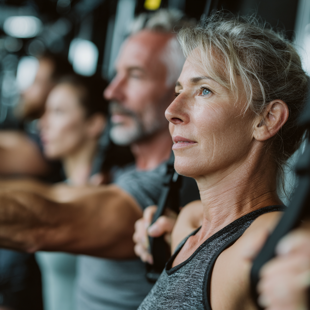 Група українців середнього віку медитує і розтягується після тренування, демонструючи спокій і гармонію